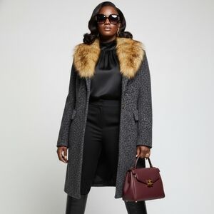 Laundry By Shelli Segal Charcoal Trench Coat with Faux Fur Collar